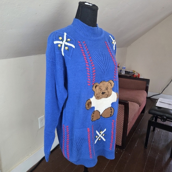 VTG Max and Diane Teddy Bear Sweater Blue Knit Pullover 80s 90s Style M - Picture 5 of 11